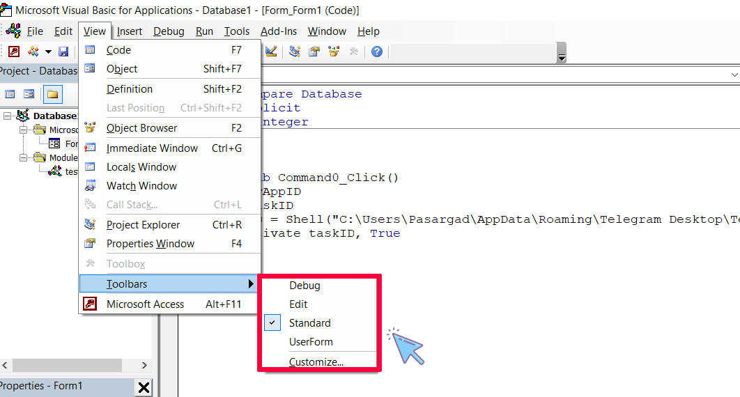 Screenshot of the VBA Editor showing the View menu with the Toolbars submenu highlighted in red