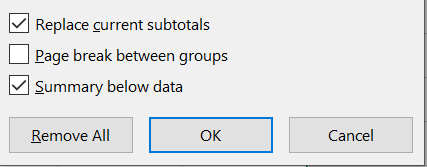سایر تنظیمات در دسترس در ابزار Subtotal