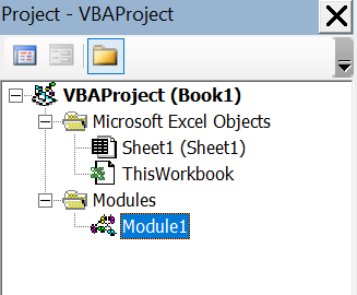 قسمت های مختلف یک پروژه VBA در اکسل پس از ایجاد ماژول