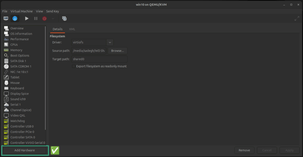 Adding Hardware (Add Hardware) in Virtual Machine Manager to add a shared folder.