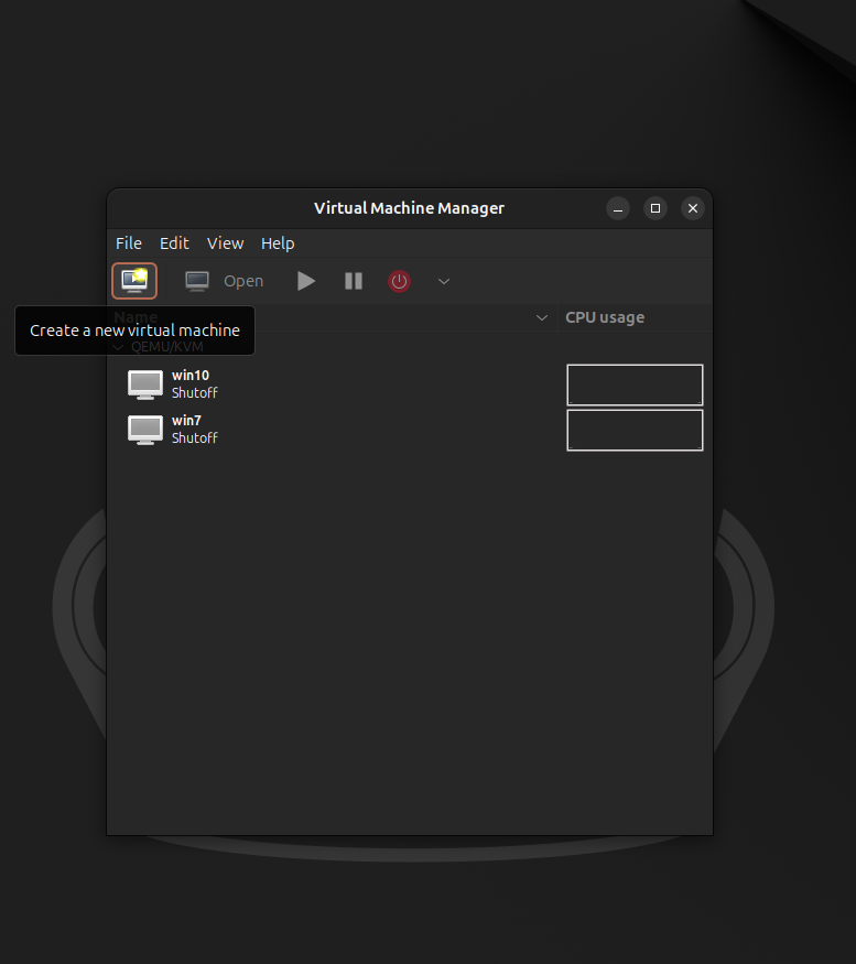 The "Create a new virtual machine" button highlighted in the Virtual Machine Manager software toolbar.