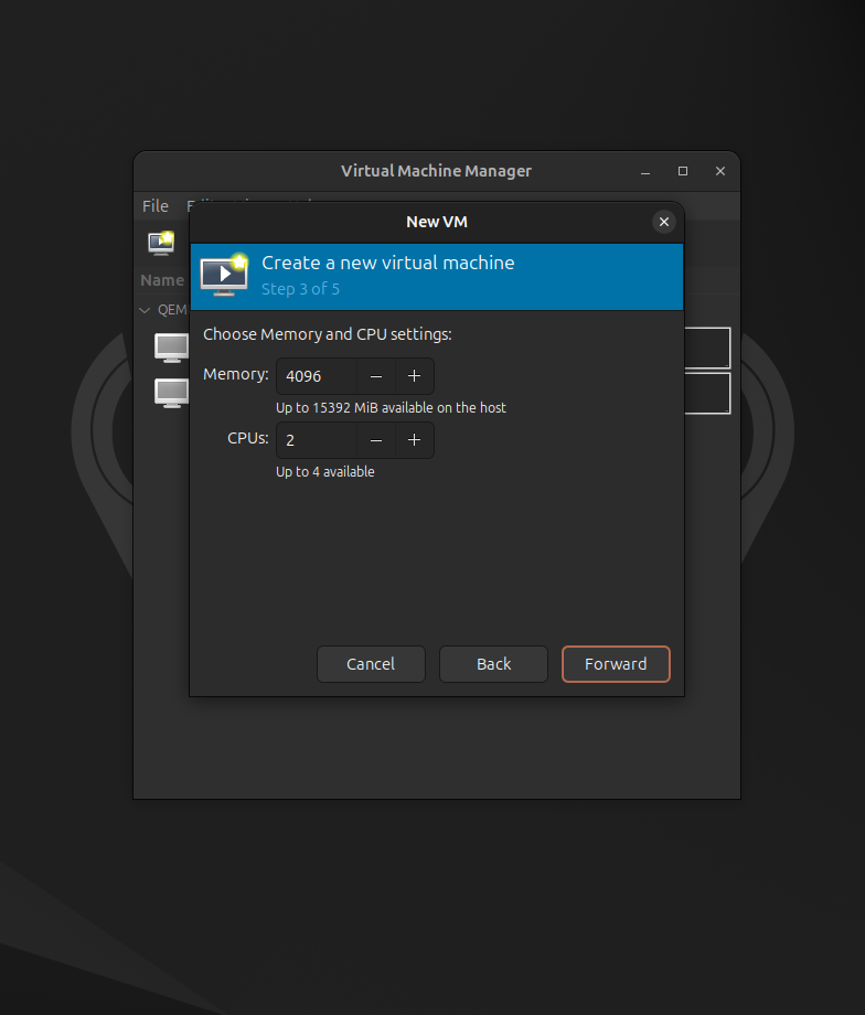The third step of virtual machine creation where memory (RAM) is set to 4096 MB and the number of processors (CPU) is set to 2.