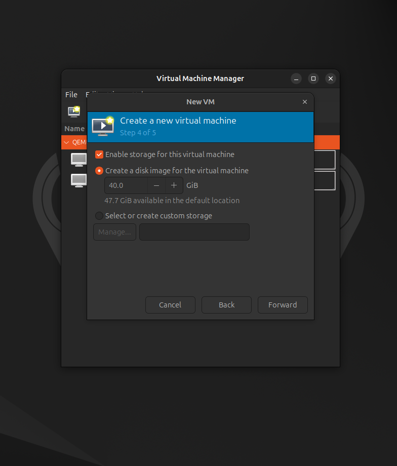 The fourth step of virtual machine creation where a 40 GB virtual disk is created for the operating system.