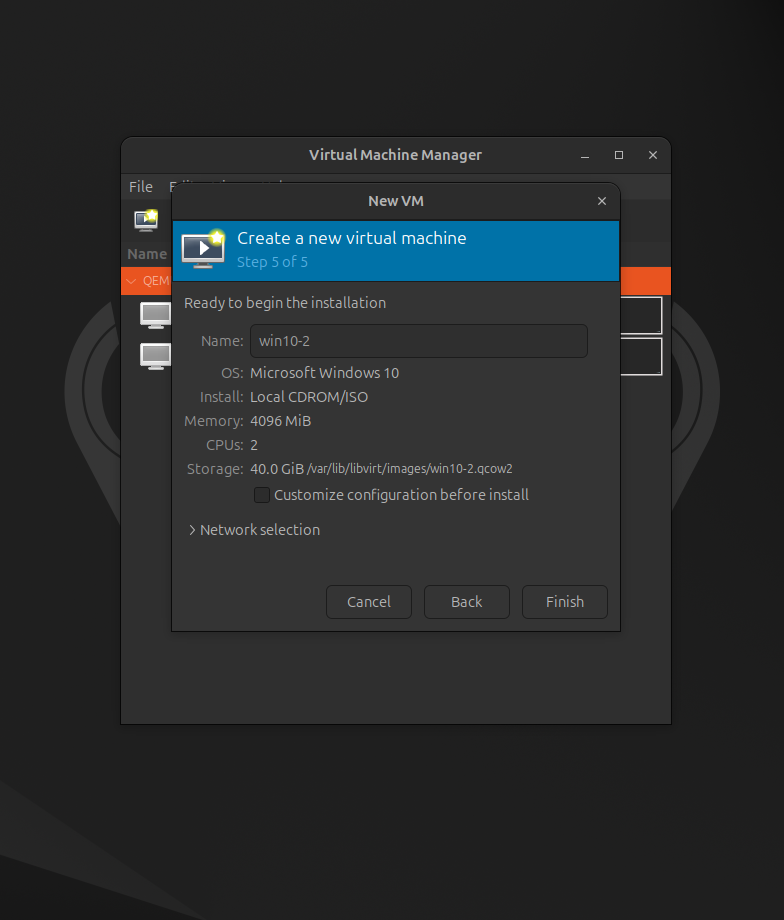 The fifth and final step of virtual machine creation: A summary of settings including name, OS, memory, processor, and storage space before finalization.