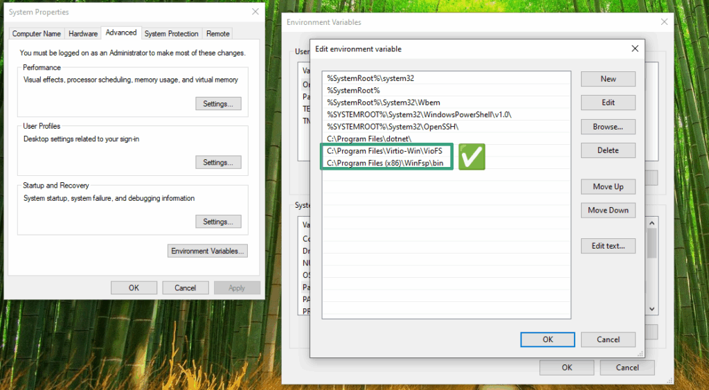 Adding Virtio-Win and WinFsp paths to Environment Variables in Windows 10 to enable virtiofs.