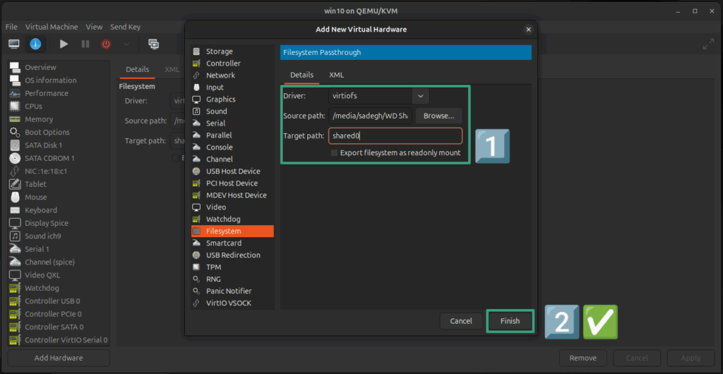 Filesystem settings for sharing a folder using virtiofs in Virtual Machine Manager.
