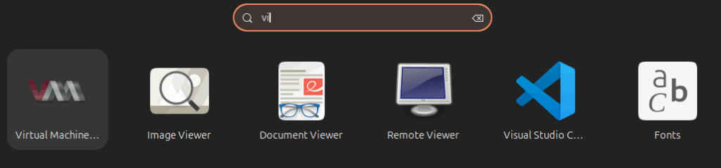Searching for the Virtual Machine Manager application in the Ubuntu applications menu to find and run it.