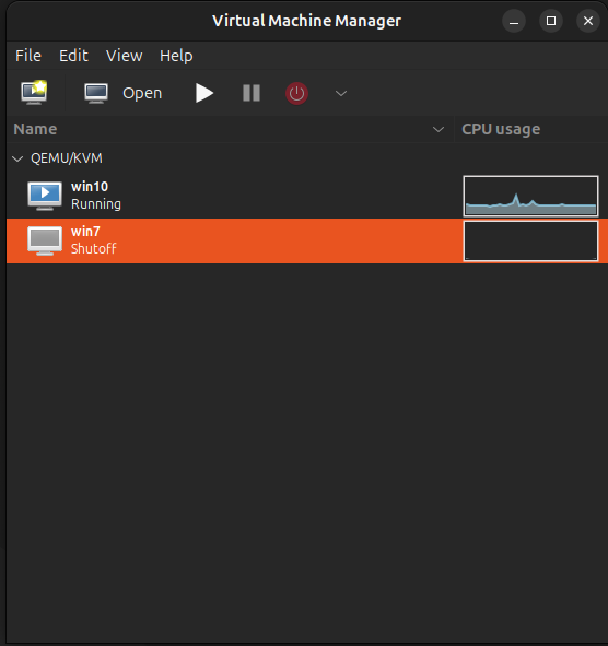 The main window of Virtual Machine Manager software on Ubuntu showing the list of two created virtual machines for Windows 7 and Windows 10.