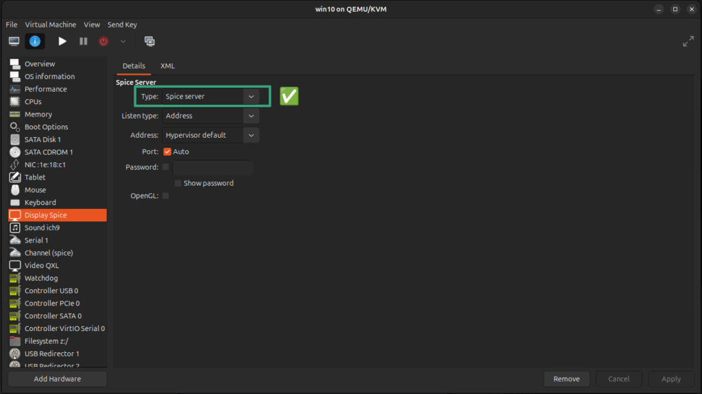 Display Spice settings in Virtual Machine Manager for SPICE connection