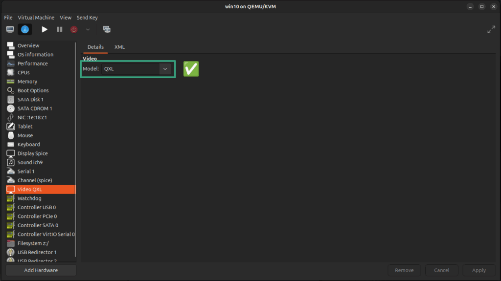 Video QXL settings in Virtual Machine Manager to enable Spice