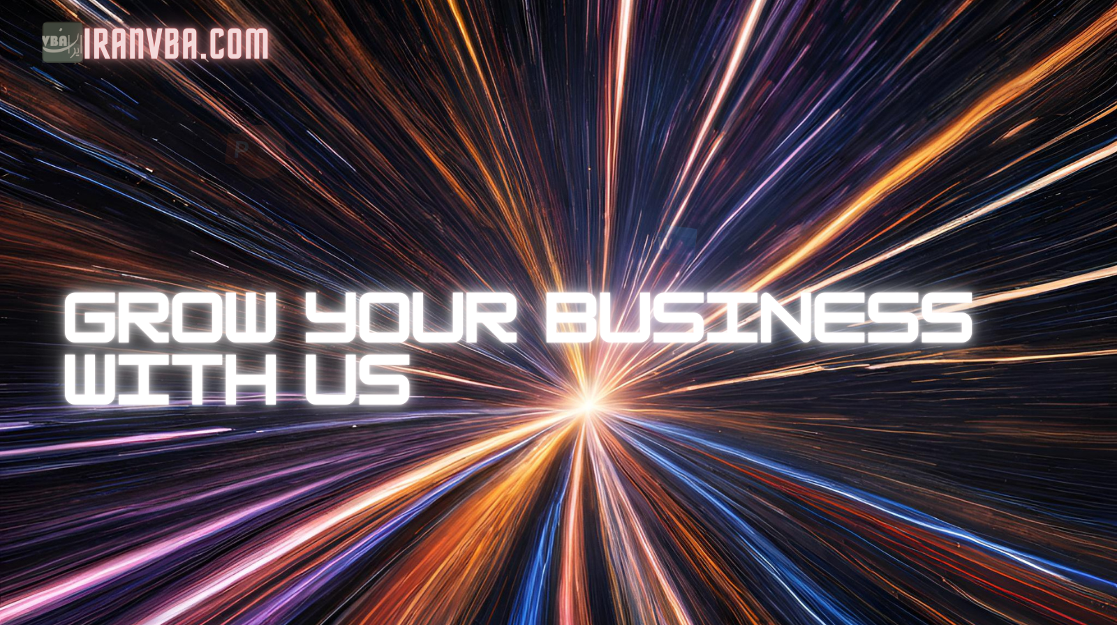 A graphic image for advertising on IranVBA website featuring a growth and speed theme. Includes the text "Grow Your Business With Us".