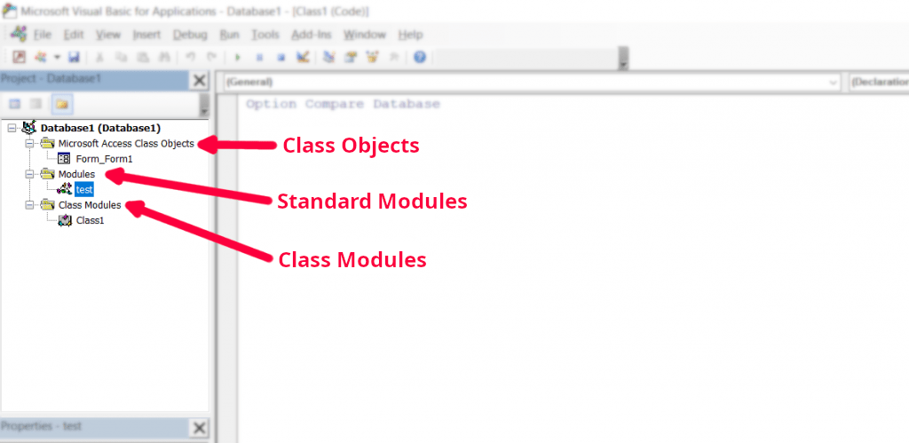 Screenshot of the Project Explorer window in the VBA Editor (VBE) of Excel and Access with labeled sections