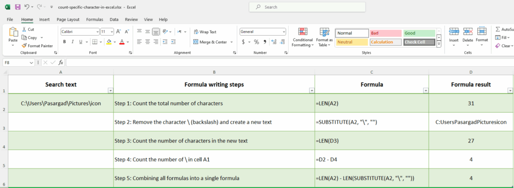 A structured table in Microsoft Excel showing the five-step process to count backslash characters in a file path using LEN and SUBSTITUTE functions