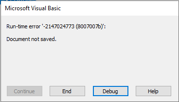 VBA "Document not saved" error message in Excel