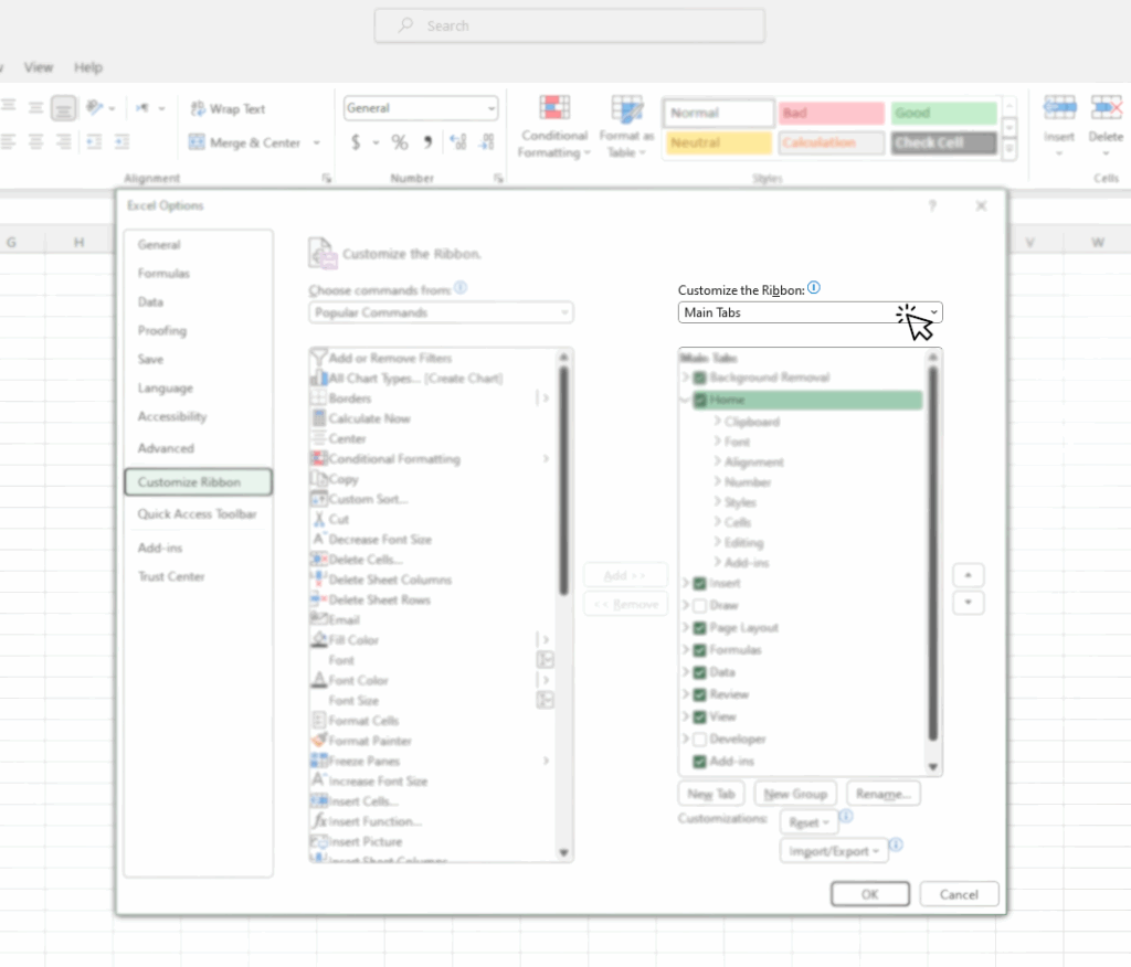 راهنمای کاربر برای انتخاب گزینه Customize Ribbon در پنجره Excel Options و تنظیم Main Tabs