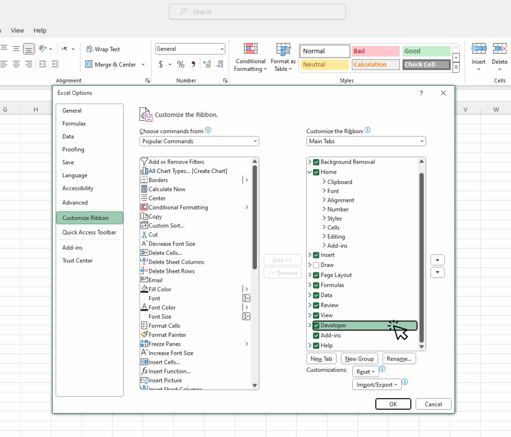 راهنمای کاربر برای کلیک روی جعبه کنار گزینه Developer و فعال کردن آن در Excel