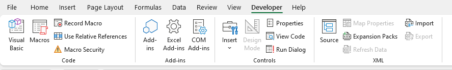 نمایش تب Developer فعال شده در Excel پس از کلیک روی OK در پنجره Excel Options