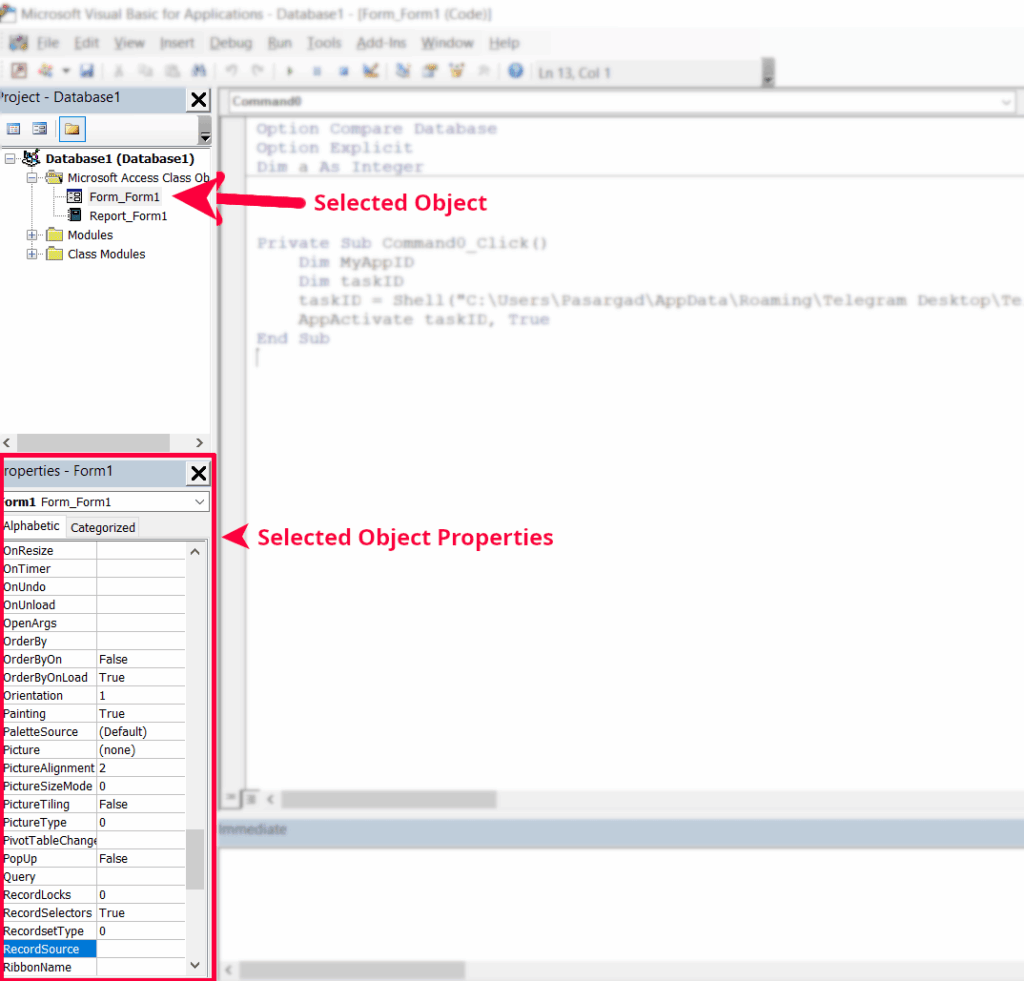 Screenshot of the VBA Editor (VBE) showing a selected object in the Project Explorer with its properties displayed in the Properties window
