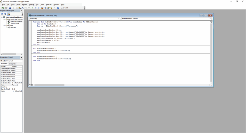 The Visual Basic for Applications editor environment in Excel for writing VBA code