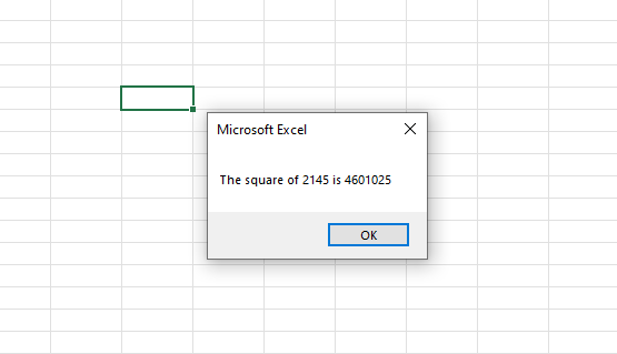 Message Box window with the text "The square of 2145 is 4601025"