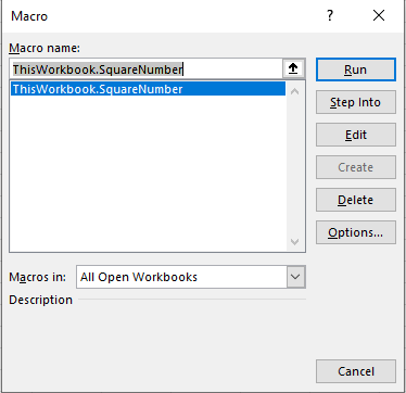 Image of Macro window in Excel with the ThisWorkbook.SquareNumber macro