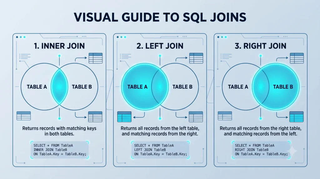 Visualizing SQL JOINs in Database Venn diagram illustrating SQL JOIN types (Inner, Left, Right)