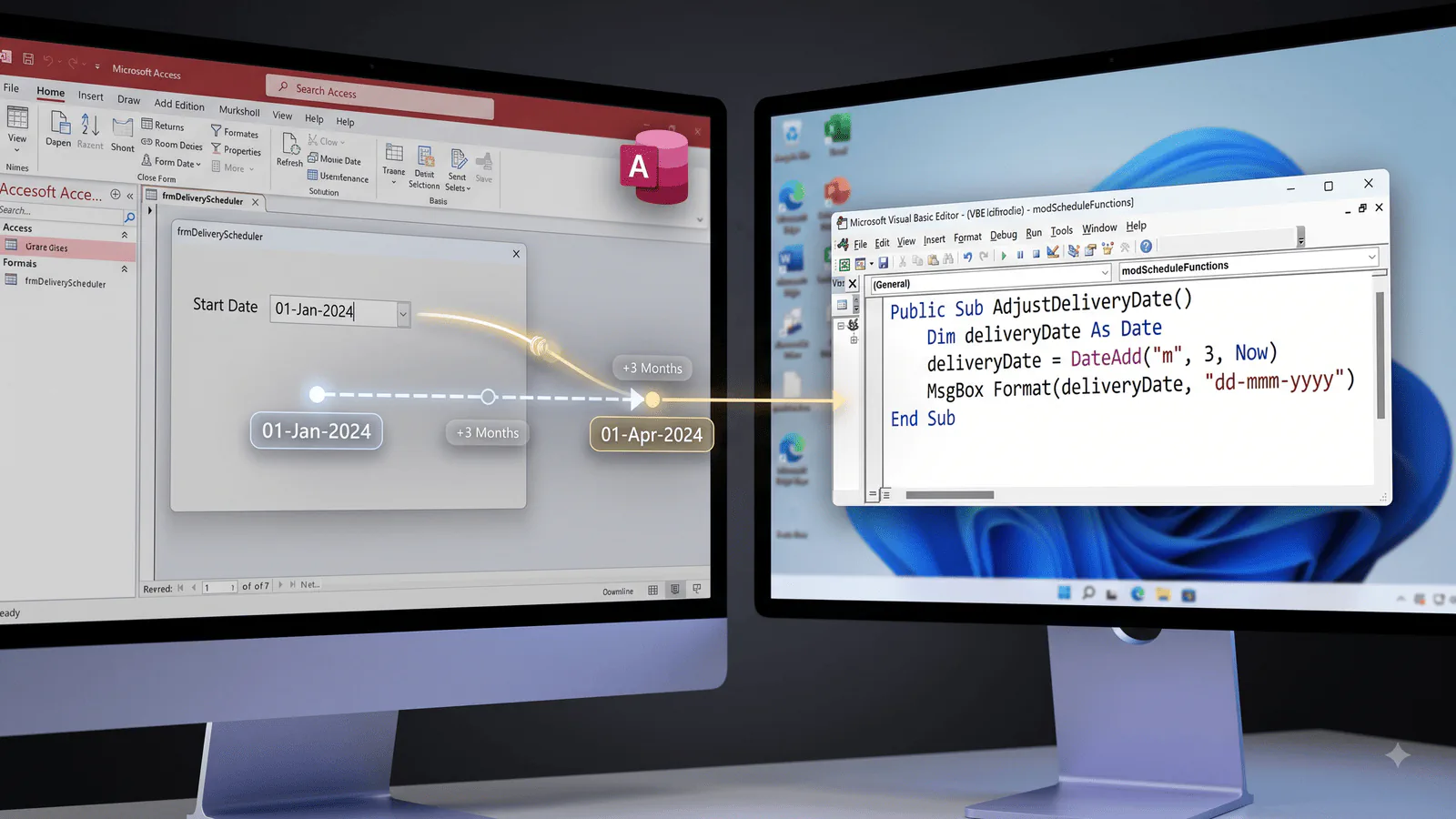 تصویر بدون متن از صفحه‌گسترده و کد برای نمایش مفهوم تابع DateAdd در VBA