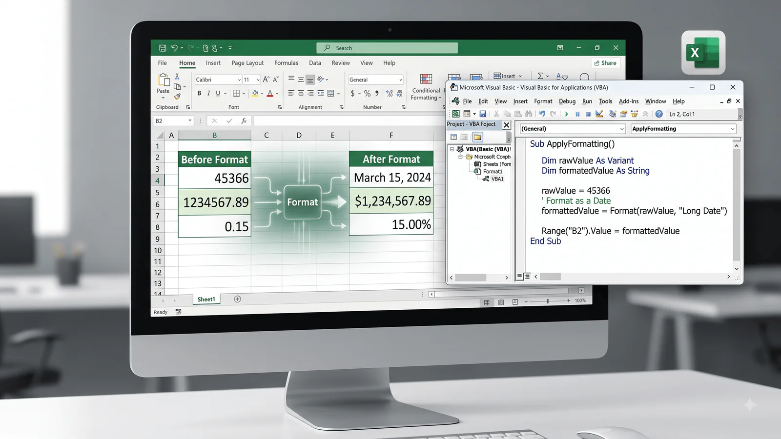 تصویر بدون متن از صفحه‌گسترده و کد برای نمایش مفهوم تابع Format در VBA