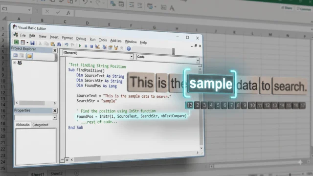 تصویر بدون متن از صفحه‌گسترده و کد برای نمایش مفهوم تابع InStr در VBA