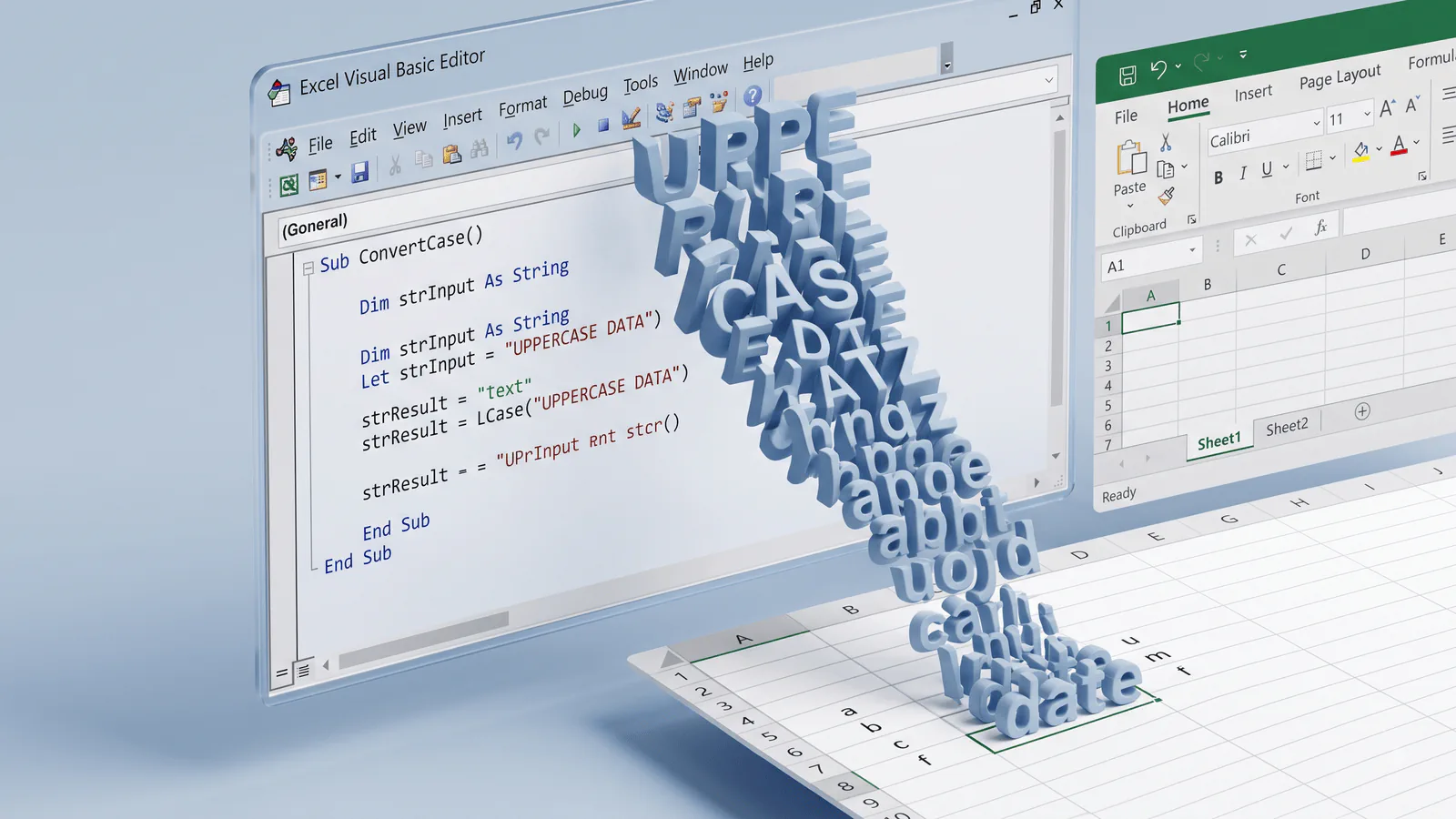 تصویر بدون متن از صفحه‌گسترده و کد برای نمایش مفهوم تابع LCase در VBA