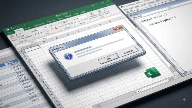 تصویر بدون متن از صفحه‌گسترده و کد برای نمایش مفهوم تابع MsgBox در VBA