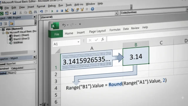 تصویر بدون متن از صفحه‌گسترده و کد برای نمایش مفهوم تابع Round در VBA