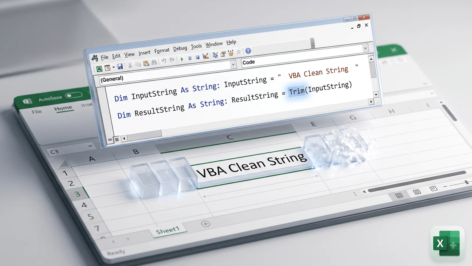 تصویر بدون متن از صفحه‌گسترده و کد برای نمایش مفهوم تابع Trim در VBA