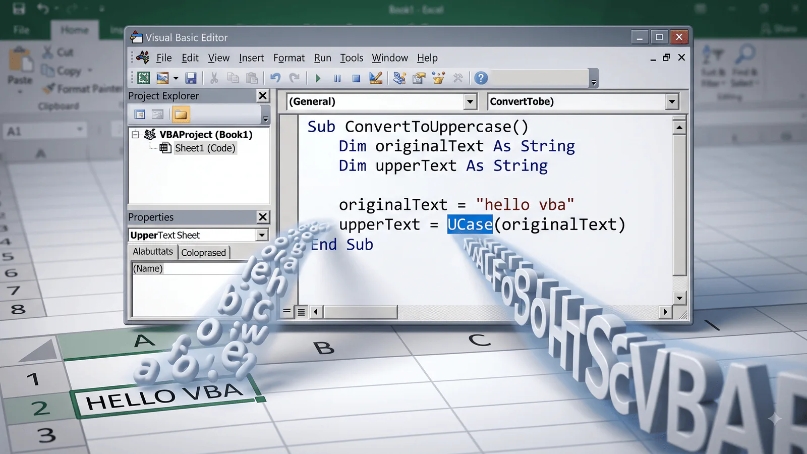 تصویر بدون متن از صفحه‌گسترده و کد برای نمایش مفهوم تابع UCase در VBA